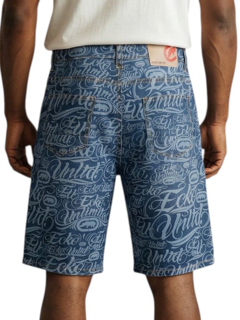 ECKO Men's Loose Jean Shorts Vintage 90s Y2K Rhino Script AOP Denim Jorts NWT